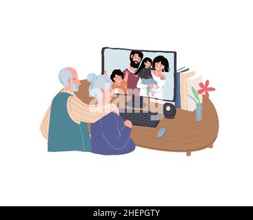 Dessin animé vieux personnages plat discutant avec la famille en ligne, utilisation de l'application pour les appels vidéo concept d'illustration vectorielle Illustration de Vecteur