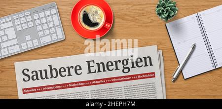 Journal sur un bureau - énergie propre en allemand - Saubere Energie Banque D'Images