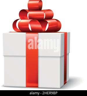 Boîte blanche avec noeud rouge.Ruban en satin réaliste avec noeud décoratif Illustration de Vecteur