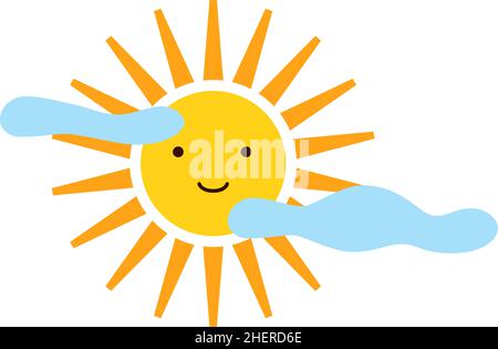 Soleil souriant sur ciel nuageux.Bon caractère plat Illustration de Vecteur