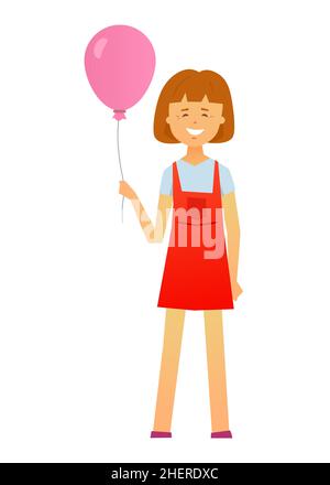 Fille avec un ballon - illustration moderne de style plat.Image nette et détaillée d'un enfant d'âge préscolaire souriant dans un t-shirt rouge et blanc.Heureux Illustration de Vecteur