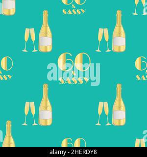 60 et motif vectoriel d'anniversaire sans coutures avec bouteilles et verres de champagne dessinés à la main.Fond doré et bleu aqua.Boissons gazeuses et 1920s Illustration de Vecteur