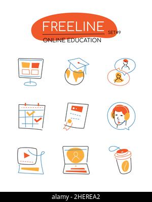 Formation en ligne - icônes de style moderne de design de ligne de couleur orange.Ordinateur portable et ordinateur pour la communication et la connaissance, messagers, café, univer Illustration de Vecteur