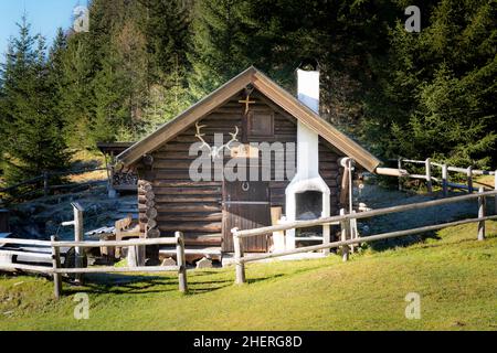 ancienne cabane en bois avec bois de cerf et cheminée en brique dans le défrichement de la forêt Banque D'Images