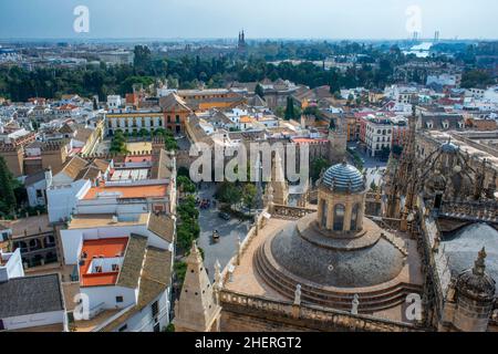 Vue aérienne de la ville de Séville depuis le sommet de la Giralda Cathédrale Saint Marie du Siège, Cathédrale de Séville, Andalousie, Espagne Banque D'Images