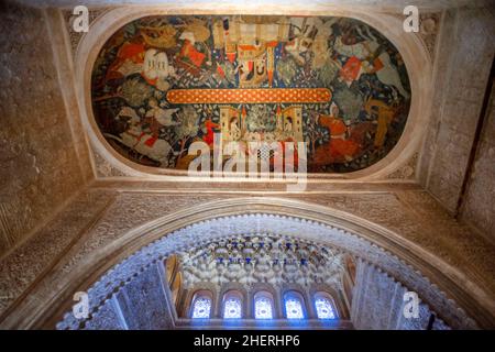 Palais de l'Alhambra Palais Nasrides peinture sur le plafond représentant dix rois Nasrides, Grenade, Andalousie Espagne Europe.L'image montre l'une des trois Banque D'Images