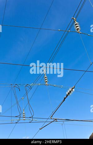 caténaire de train sous ciel bleu clair Banque D'Images