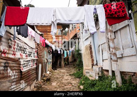 Laver sécher dans une allée parmi les cabanes de ville miteuse, dans le quartier célèbre de Barrio Egipto, Bogota, Colombie, Amérique du Sud. Banque D'Images