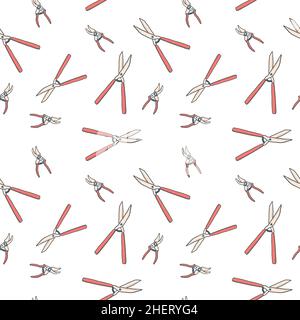 Cisaille de jardinage à motif sans couture.Cisailles à haies et cisailles à élaguer.Fond vectoriel des outils de jardin.Texture d'impression tendance sans couture. Illustration de Vecteur