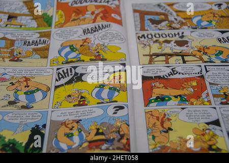 Rheinbach, Allemagne 12 janvier 2022, Une vidéo d'une bande dessinée Astérix et Obelix en allemand (au centre) Banque D'Images