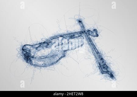 dessin au stylo bleu généré par ordinateur d'un violon classique sur fond blanc Banque D'Images