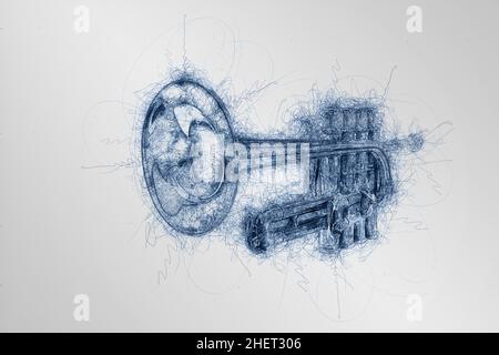 dessin à la main de la trompette classique de musique d'argent en perspective sur fond blanc Banque D'Images