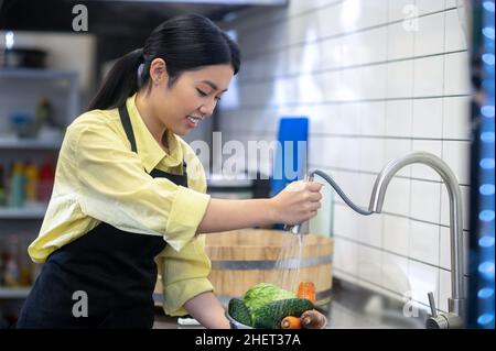 Femme dans la cuisine laver les légumes avant de cuisiner Banque D'Images