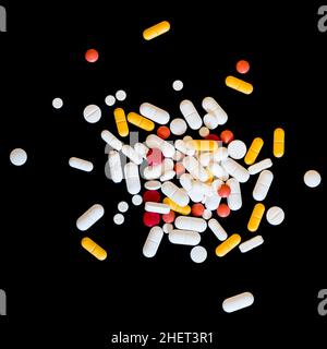 vue de dessus des pilules de médicament dans différentes couleurs et tailles Banque D'Images