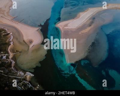 Image aérienne de haut en bas de la plage de Ninska Laguna à Nin, Croatie Banque D'Images