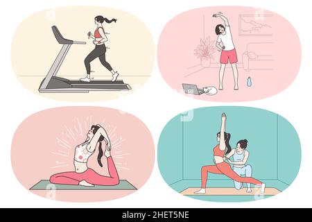 Style de vie sportif du concept de femme moderne.Ensemble de jeunes femmes faisant des exercices d'étirement de jogging et de pratiquer des entraînements de yoga au bureau à la maison et dans l'illustration de vecteur de gym Illustration de Vecteur