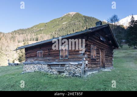 ancienne cabane en bois sur l'alp autrichien dans la prairie d'automne Banque D'Images