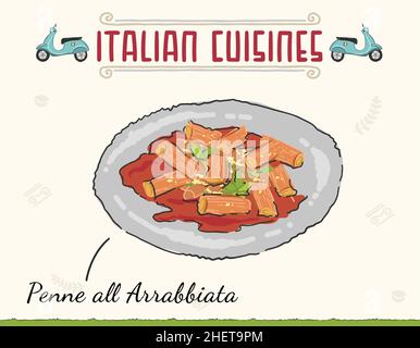 Penne All arrabbiata pâtes italiennes avec sauce tomate épicée.Illustration vectorielle isolée colorée minimale. Illustration de Vecteur