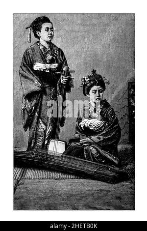 Japanese Girls, Line illustration from Central Africa, Japan and Fiji publié en 1882 par Hodder & Stoughton, Londres Banque D'Images