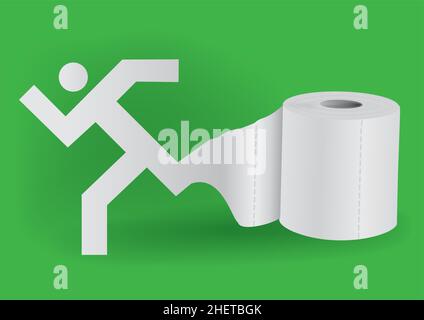 Papier toilette avec icône de l'homme en train de courir.Illustration du papier de la silhouette d'homme en train de dérouler le papier toilette.Concept de troubles intestinaux diarrhée. Illustration de Vecteur