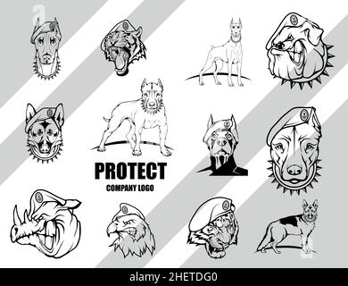 Ensemble de chiens.Modèle de conception du logo vectoriel de la société de sécurité.Logo de protection.Chien en uniforme.Logo Icon. Illustration de Vecteur