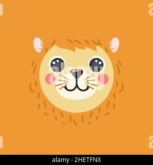 Lion mignon portrait carré forme smiley tête dessin animé rond visage animal, isolé vecteur icône illustration.Caractère simple plat pour application, interface utilisateur, interface graphique, poster pour enfants, t-shirts,vêtements pour bébés, cartes d'anniversaire Illustration de Vecteur