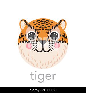 Tiger mignon portrait avec le nom smiley dessin animé rond animal, isolé vecteur icônes illustrations sur fond blanc.Plat simple dessiné à la main pour l'interface utilisateur, l'application, l'affiche pour enfants, les cartes, les t-shirts,vêtements pour bébés Illustration de Vecteur