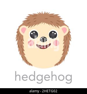 Hedgehog mignon portrait avec le nom texte smiley tête dessin animé forme ronde visage animal, avatar isolé vecteur icônes illustrations.Plat simple dessiné à la main pour enfants affiche, cartes, t-shirts, vêtements de bébé Illustration de Vecteur