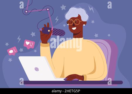 Vieille dame jouant à des jeux vidéo, joueur âgé avec un ordinateur portable et un casque souriant.Illustration du concept de grand-mère à cheveux gris assis dans le Illustration de Vecteur
