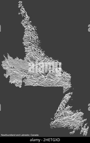 Carte topographique de relief négatif du territoire canadien de TERRE-NEUVE-ET-LABRADOR, CANADA avec lignes de contour blanches sur fond gris foncé Illustration de Vecteur