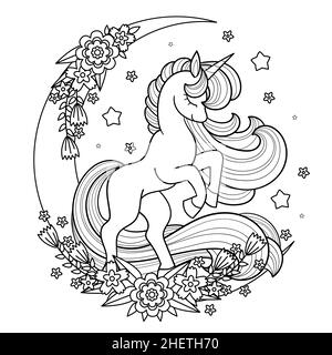 Une belle licorne avec une longue mène sur la lune.Dessin linéaire noir et blanc.Vecteur. Illustration de Vecteur