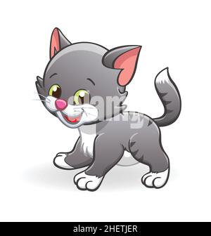 Joli sourire gris bande dessinée chatons chat personnage debout vecteur isolé sur fond blanc Illustration de Vecteur