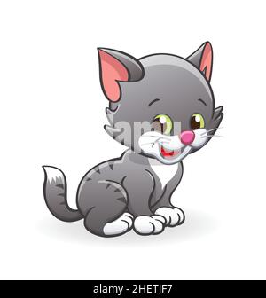 Joli sourire gris bande dessinée chatons chat personnage assis vecteur isolé sur fond blanc Illustration de Vecteur