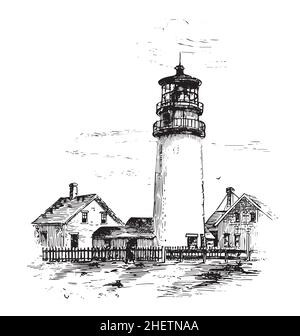 vintage rétro scène phare noir et blanc encre mordançage vecteur isolé sur fond blanc Illustration de Vecteur