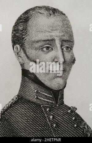 Ramón de Meer y Kindelán (1787-1869).1st Baron de Meer et 1st comte de GRA.Lieutenant général espagnol d'origine flamande.Il a participé à diverses opérations pendant la première Guerre des Carlistes.Chevalier lauréat et Grand Croix de l'ordre de Saint Ferdinand.Décerné par la Légion d'honneur française.Portrait.Gravure.Détails.Panorama Español, Crónica Contemporánea.Volume IIIMadrid, 1845. Banque D'Images