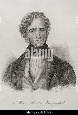 Juan Alvarez de Mendizábal (1790-1853).Homme politique et financier espagnol qui a eu une grande importance dans la Révolution libérale espagnole.Il a été nommé ministre des Finances en juillet 1835 par le comte de Toreno, dont il a encouragé la confiscation des biens de l'Église catholique.Portrait.Gravure par José Gómez.Panorama Español, Crónica Contemporánea.Volume IIIMadrid, 1845.e Banque D'Images