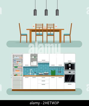 Cuisine intérieure confortable avec table, cuisinière, placard, vaisselle et réfrigérateur.Cuisine avec mobilier.Illustration vectorielle de style plat. Illustration de Vecteur