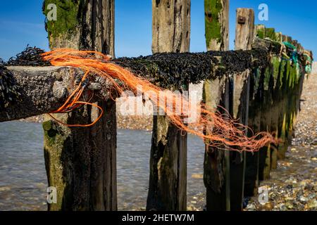 Une groyne endommagée par la tempête avec du flotsam Banque D'Images