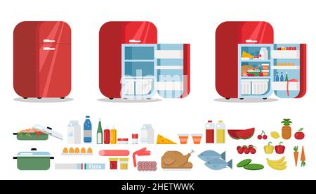 Réfrigérateur plat Vector.Réfrigérateur rouge rétro plein et vide dans la cuisine.Illustration du congélateur et des aliments.Ensemble de produits. Illustration de Vecteur