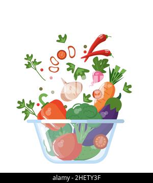 Bol à salade en verre avec légumes frais.Processus de cuisson.Illustration vectorielle. Illustration de Vecteur