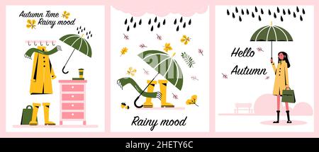 Jeu graphique de cartes artistiques créatives d'automne.Imperméable, parapluie, bottes en caoutchouc, gouttes de pluie, foulard,café et belle fille.Illustration vectorielle. Illustration de Vecteur