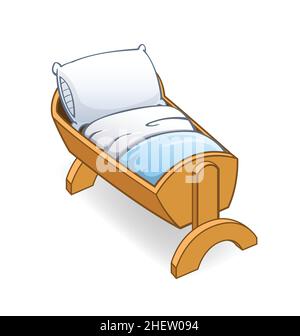 lit de bébé en bois de dessin animé avec couverture et coussin isométrique isolé sur fond blanc vecteur Illustration de Vecteur