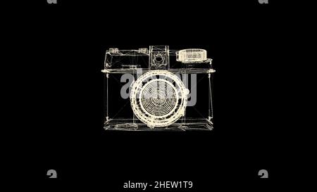 L'hologramme de l'appareil photo à l'ancienne tourne sur fond noir.L'élément filaire jaune de la caméra tourne et tombe dans la poussière Banque D'Images