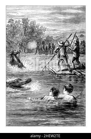 Dangereuses River Crossing, 1882 lignes de livres pour enfants, illustration de Hendricks The Hunter Victorian Children’s Adventure Story de William Henry Gile Banque D'Images