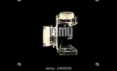 L'hologramme de l'appareil photo à l'ancienne tourne sur fond noir.L'élément filaire jaune de la caméra tourne et tombe dans la poussière Banque D'Images