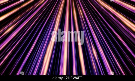 Un magnifique rayon droit et coloré qui brille et se propage d'un point à tous les côtés sur fond noir, boucle sans couture.sunbeam violet et orange Banque D'Images