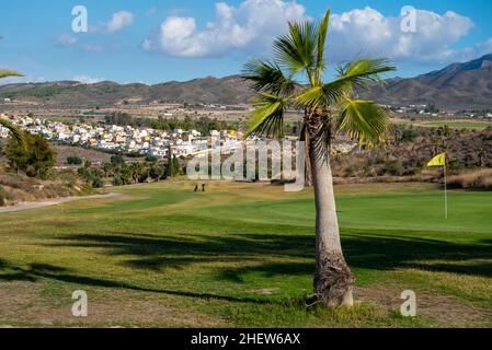 Vert et drapeau d'un trou sur le terrain de golf de Camposol, région de Murcia, Costa Calida, Espagne.Camposol est une ville populaire avec les anciens pats britanniques Banque D'Images