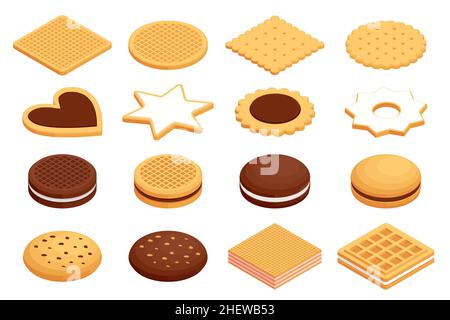Isométriques différents cookies sur fond blanc. Biscuits savoureux, biscuits aux flocons d'avoine et biscuits sandwich au chocolat Illustration de Vecteur