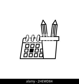 Un dessin continu de la trousse à crayons, des réveils et du calendrier sur le bureau.Articles de papeterie pour l'étude et rangés sur la table.Bonne étude.Smart e Illustration de Vecteur