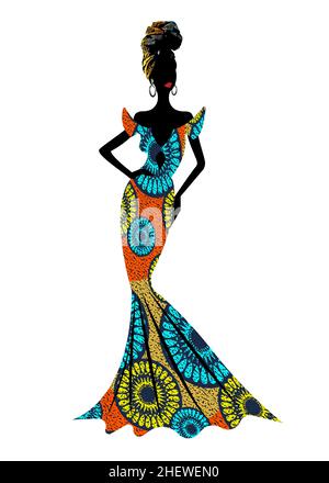 Belle femme africaine en vêtements afro typiques et adresse ethnique turban, ankara cire imprimer textile pour la cérémonie de mariage traditionnelle.Isolé Illustration de Vecteur